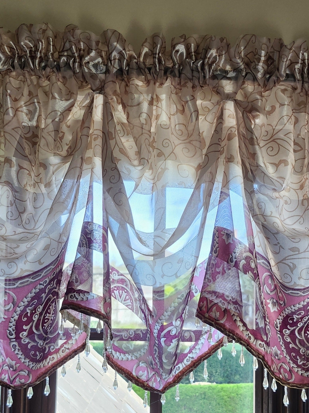 Pair Of Sheer Ascot Valances in Burgandy and Gold